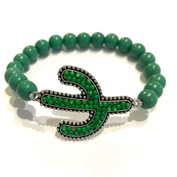 Green Cactus Bracelet Beaded Silver Tone - Picture 1 of 3